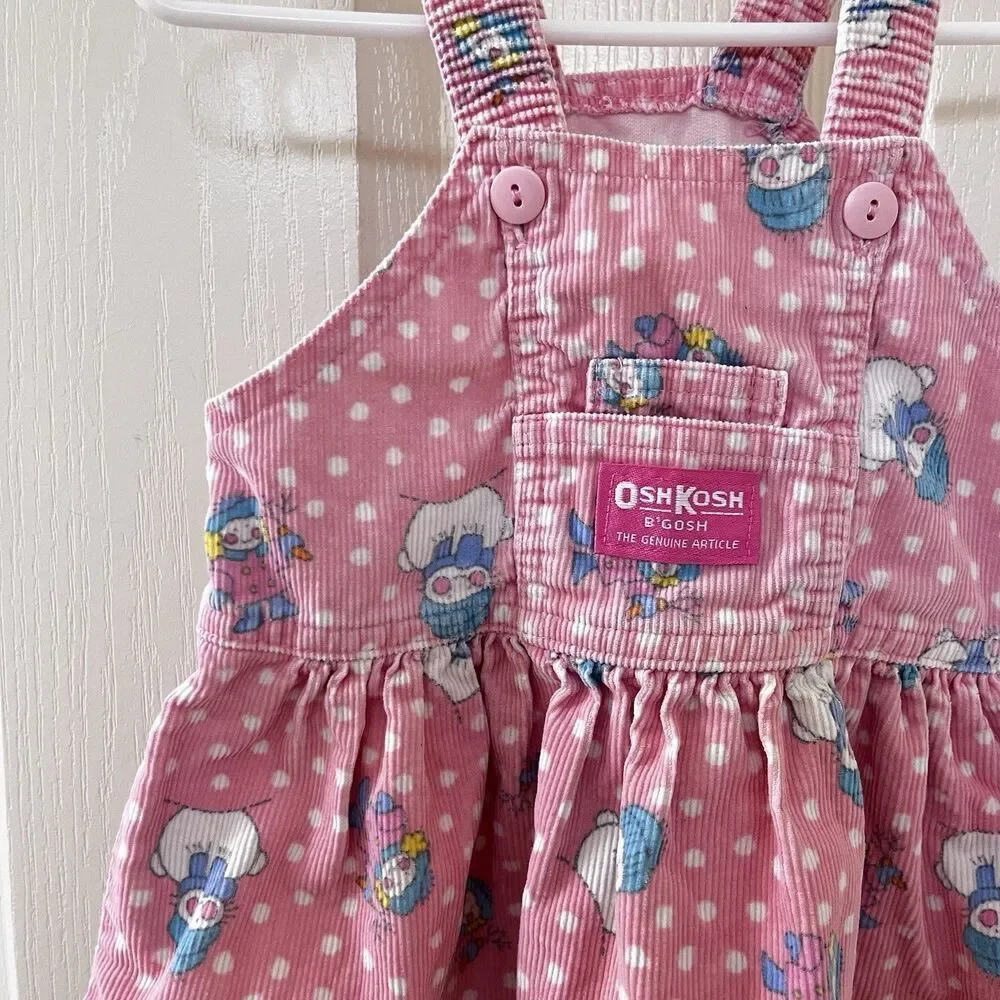 Vintage Oshkosh B'Gosh Pink Corduroy Snowman Overall Dress USA Girls 18 Months